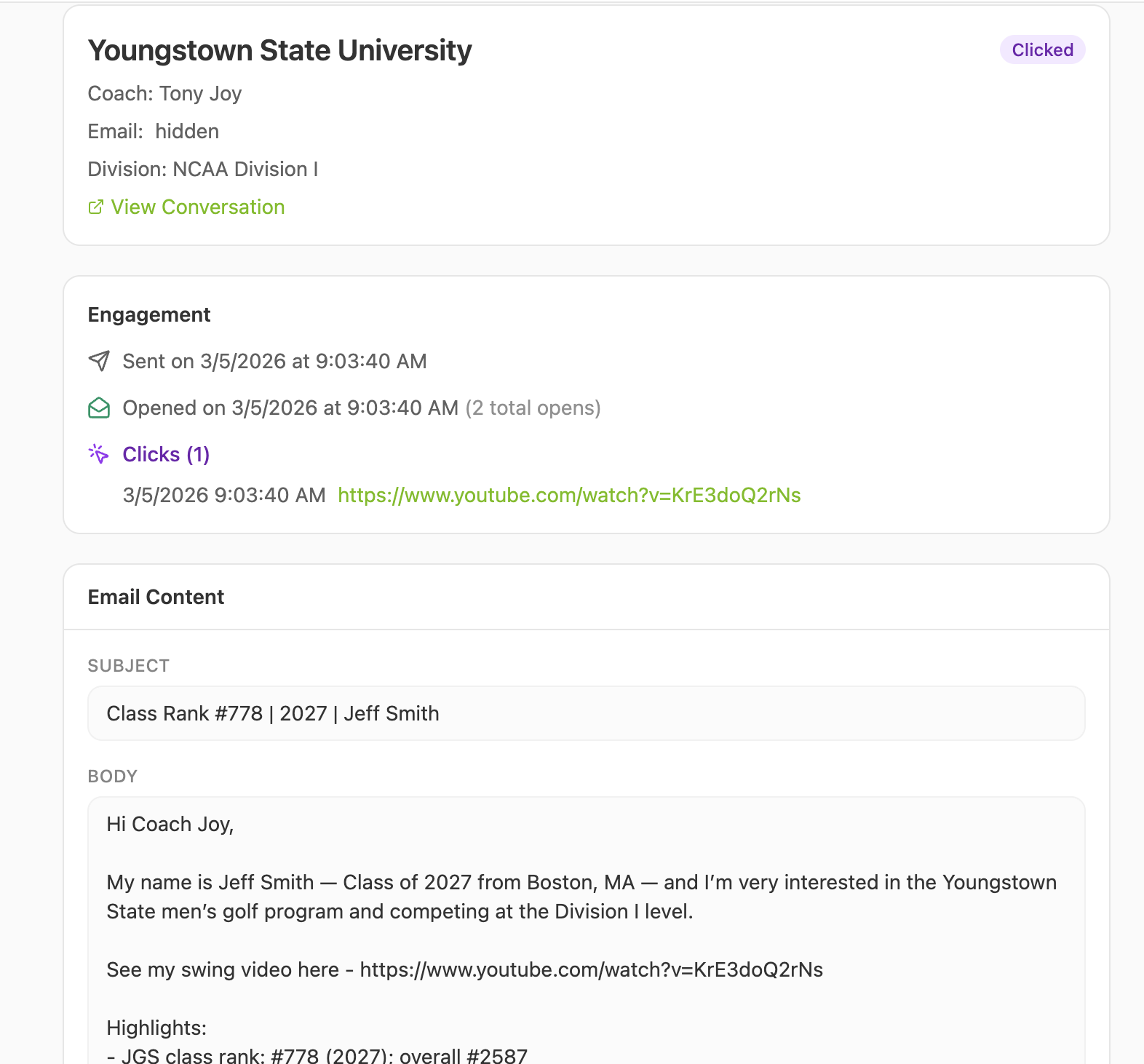 Coach outreach email with open and click tracking