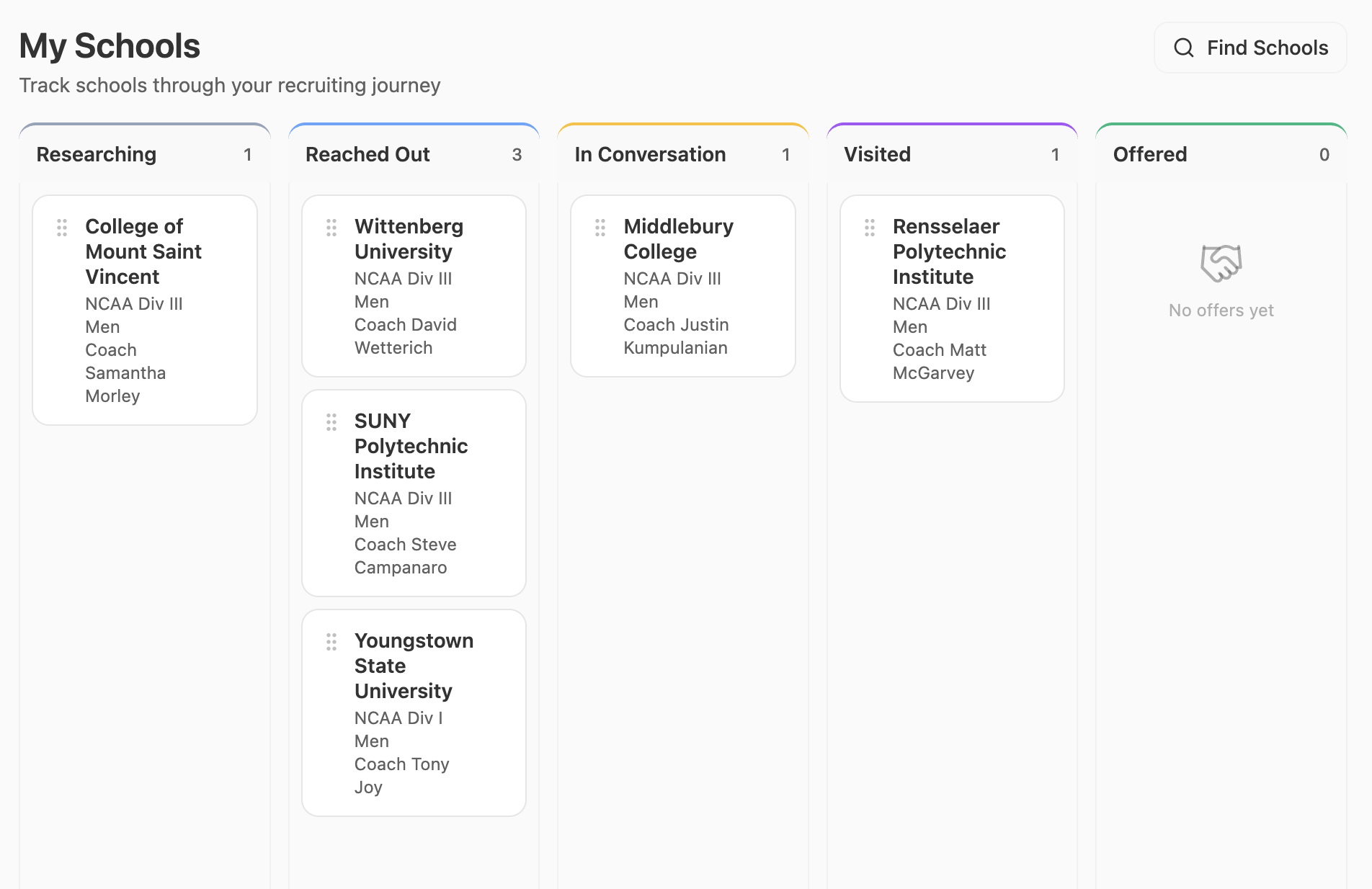 My Schools pipeline tracking recruiting progress across stages