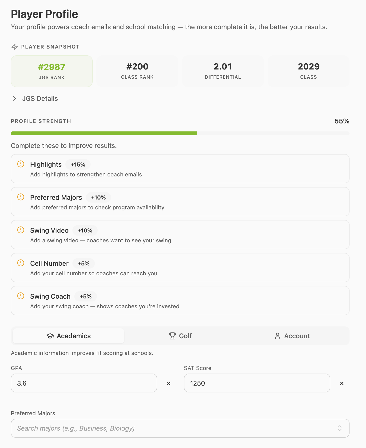 RecruitAI profile with strength meter and guided completion